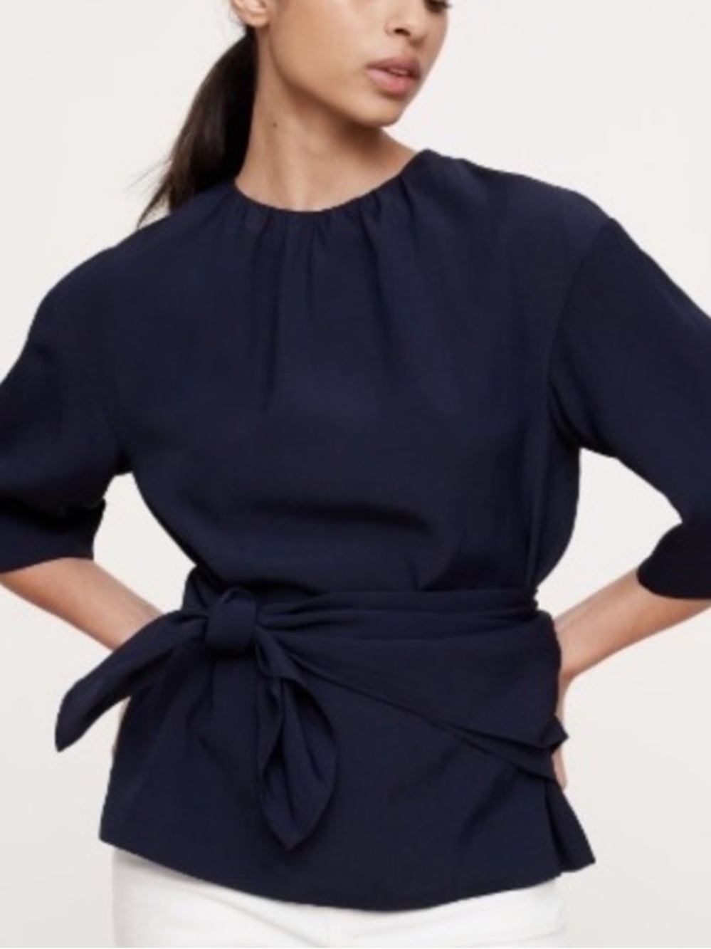 NWT Banana Republic Navy Blue Viscose Linen Dupioni Tie Waist Scarf Top Small